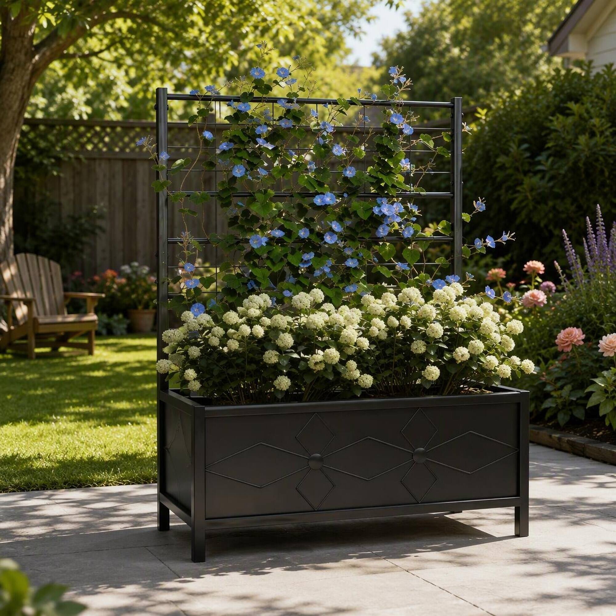 Alt View 2. RYHNUYNE - Galvanized Raised Garden Bed with Trellis for Climbing Vines, Black Steel Planter Box for Outdoor Vegetable - Black.