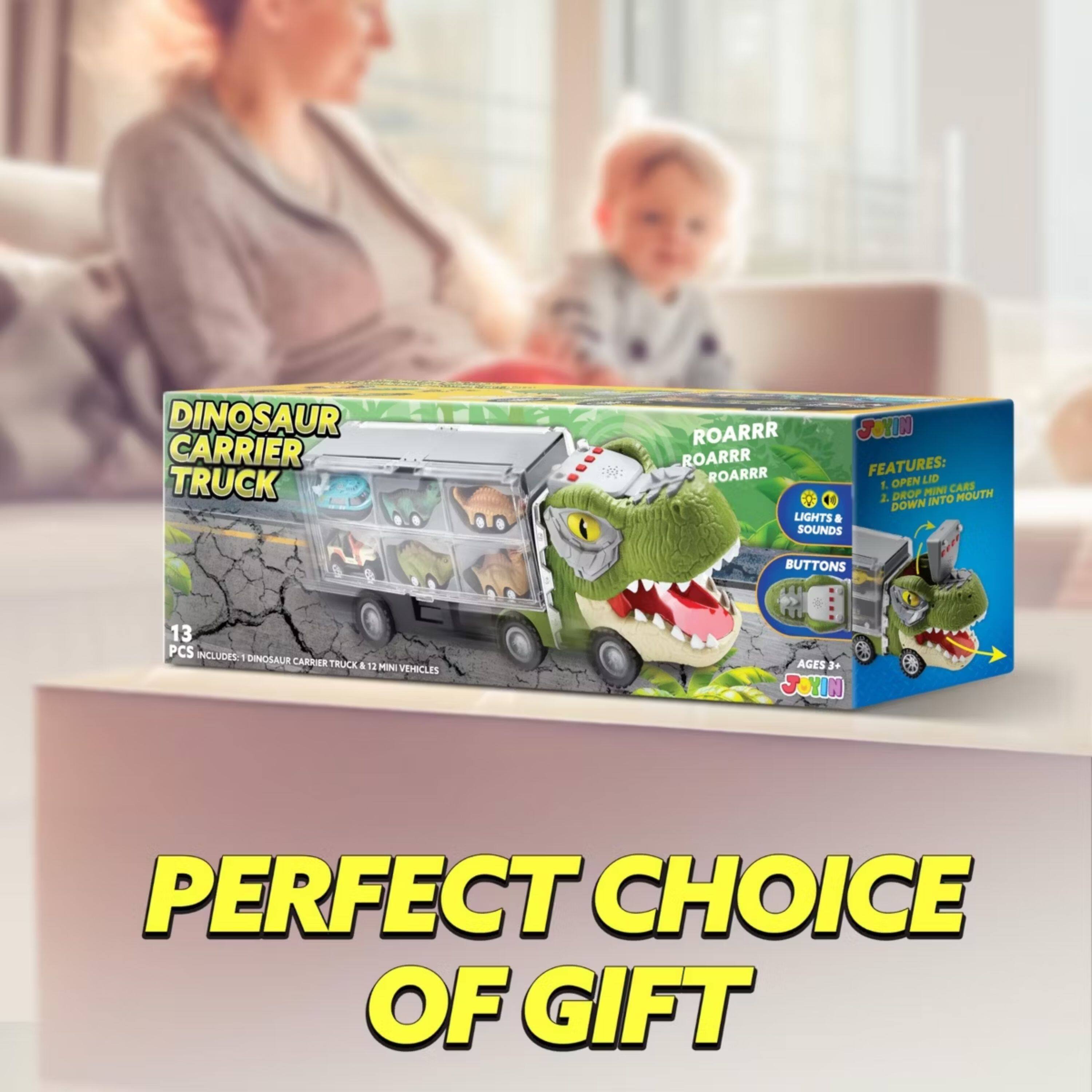 DINOSAUR CARRIER TRUCK ROARRR  
FEATURES:  
1. OPEN LID  
2. CARE DROP PURE MOUTH INTO DOWN LIGHTS  
3. SOUNDS BUTTONS  

13 PCS INCLUDES - DINOSAUR CARRIER TRUCK & 12 MINI VEHICLES  
AGES 2+  

PERFECT CHOICE OF GIFT