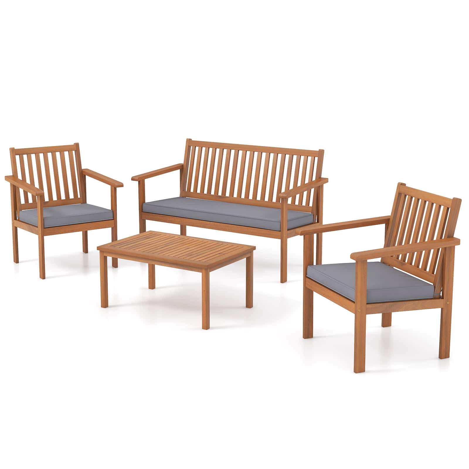 Gymax - 4PCS Wood Furniture Set w/ Loveseat 2 Chairs & Coffee Table for Porch Patio Gray - Natural, Gray
