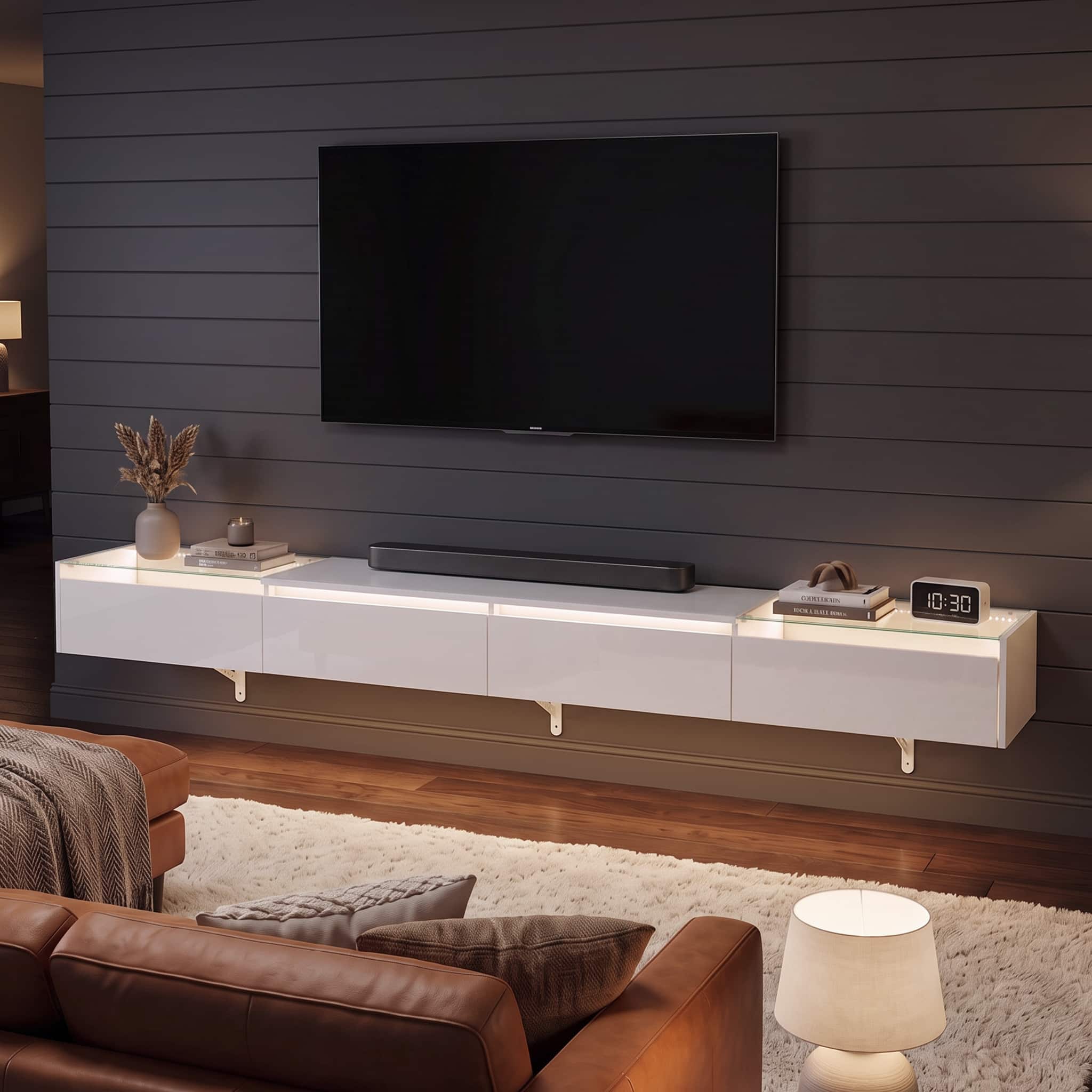 Famapy - 78.7-Inch Wall-Mounted TV Console with 4 Flip-Down Doors, Glass Display Cabinets & LED Lights - White price history on PriceWatchPro