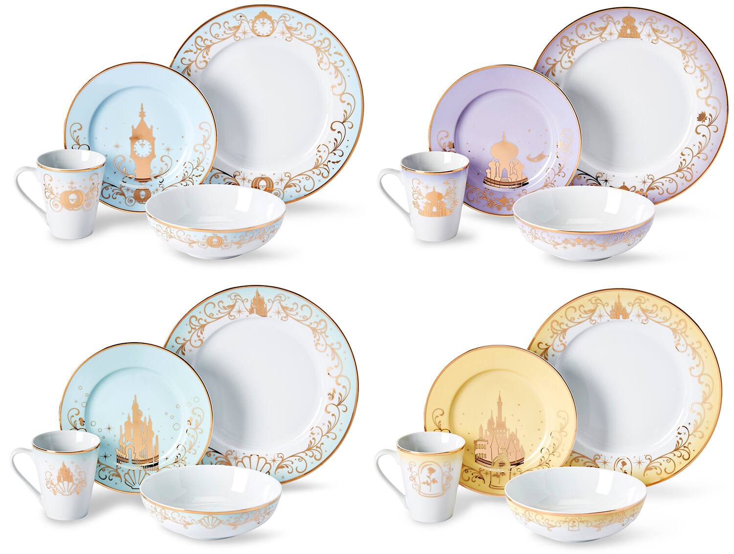 Front. Ukonic - Disney Princess 16-Piece Dinnerware Set | Cinderella, Jasmine, Ariel, Belle - White.