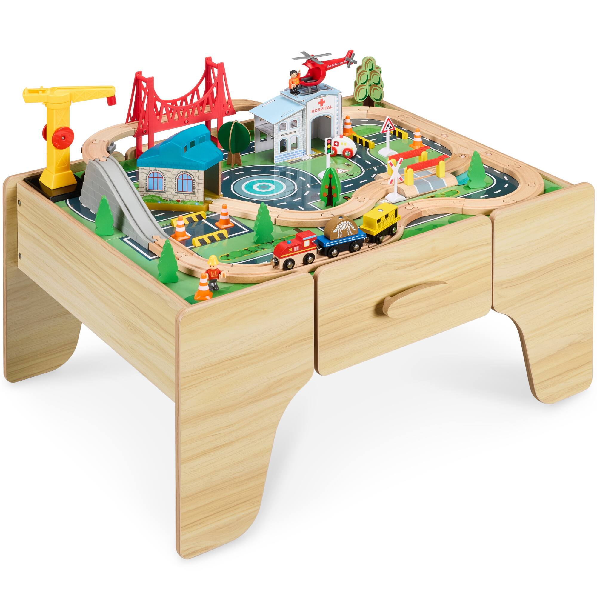 Best Choice Products - 56 Piece Wooden Train Set Table for Kids w/Toy Storage Drawer - Natural