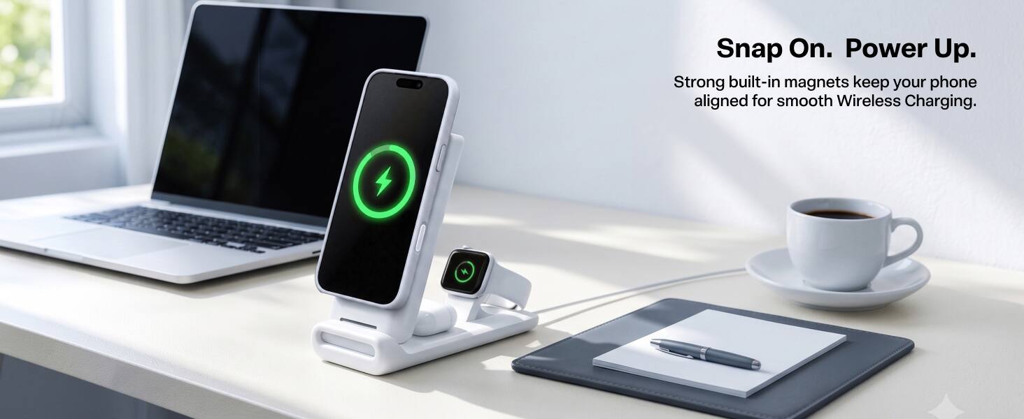 Snap On. Power Up.  
Strong built-in magnets keep your phone aligned for smooth Wireless Charging.