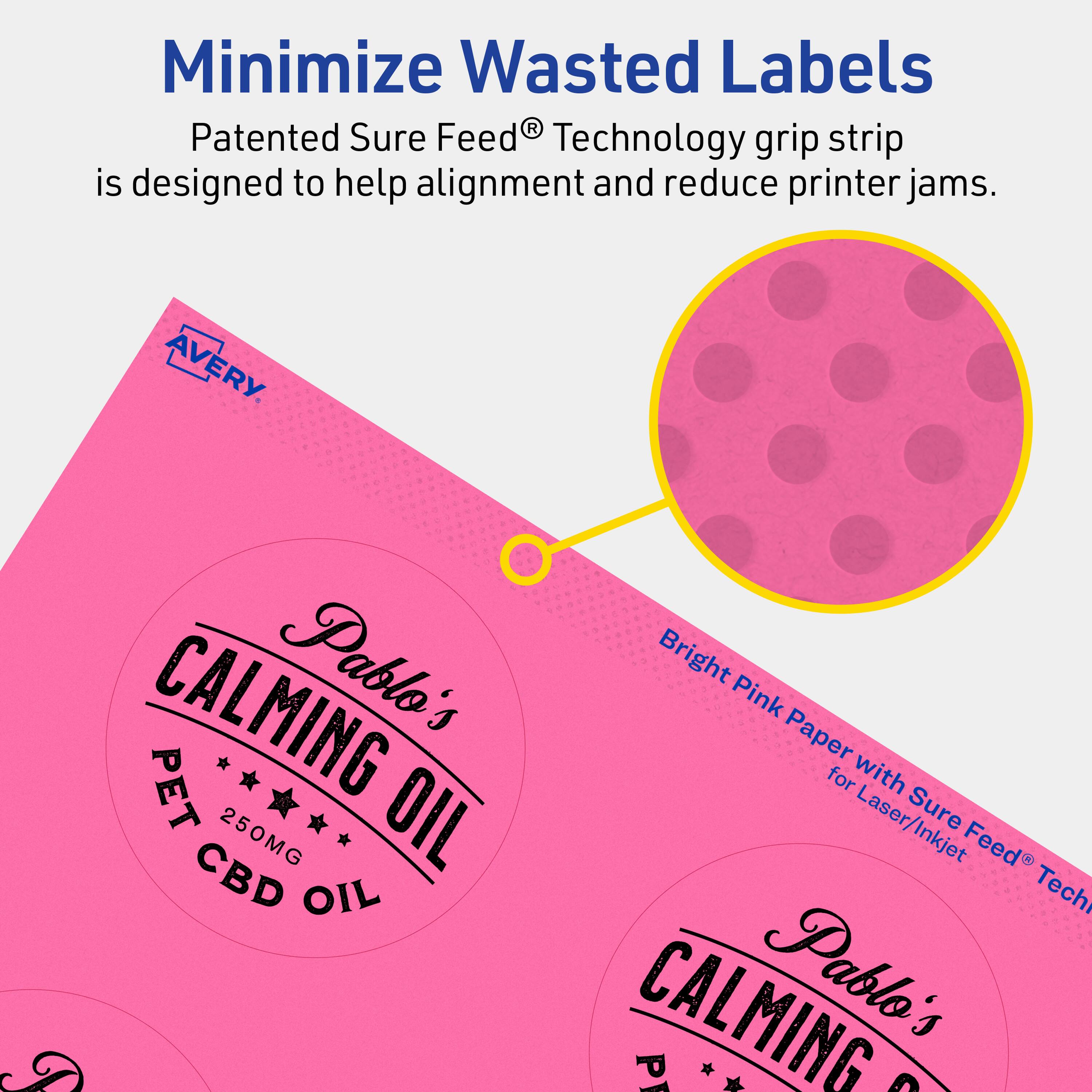 Minimize Wasted Labels

Patented Sure Feed® Technology grip strip is designed to help alignment and reduce printer jams.

AVERY

Bright Pink Paper for Laser/Inkjet Sure Feed® Technology

CALMING Pablo's PET OIL 250MG CBD OIL