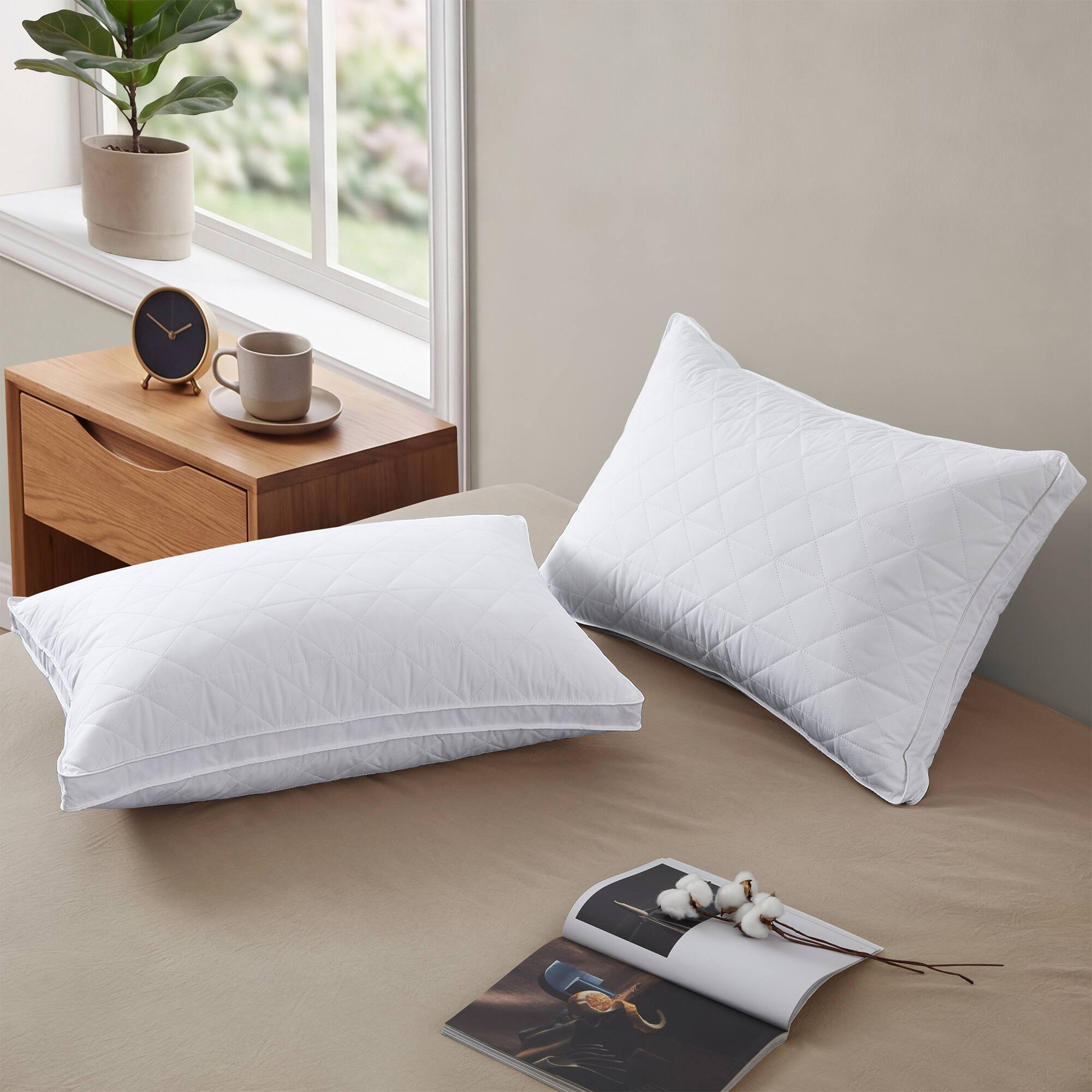 Front. Peace Nest - Peace Nest 2 Pack Quilted Goose Feather Pillow with Breathable Cotton Cover, Gusseted, Queen - Gusseted.