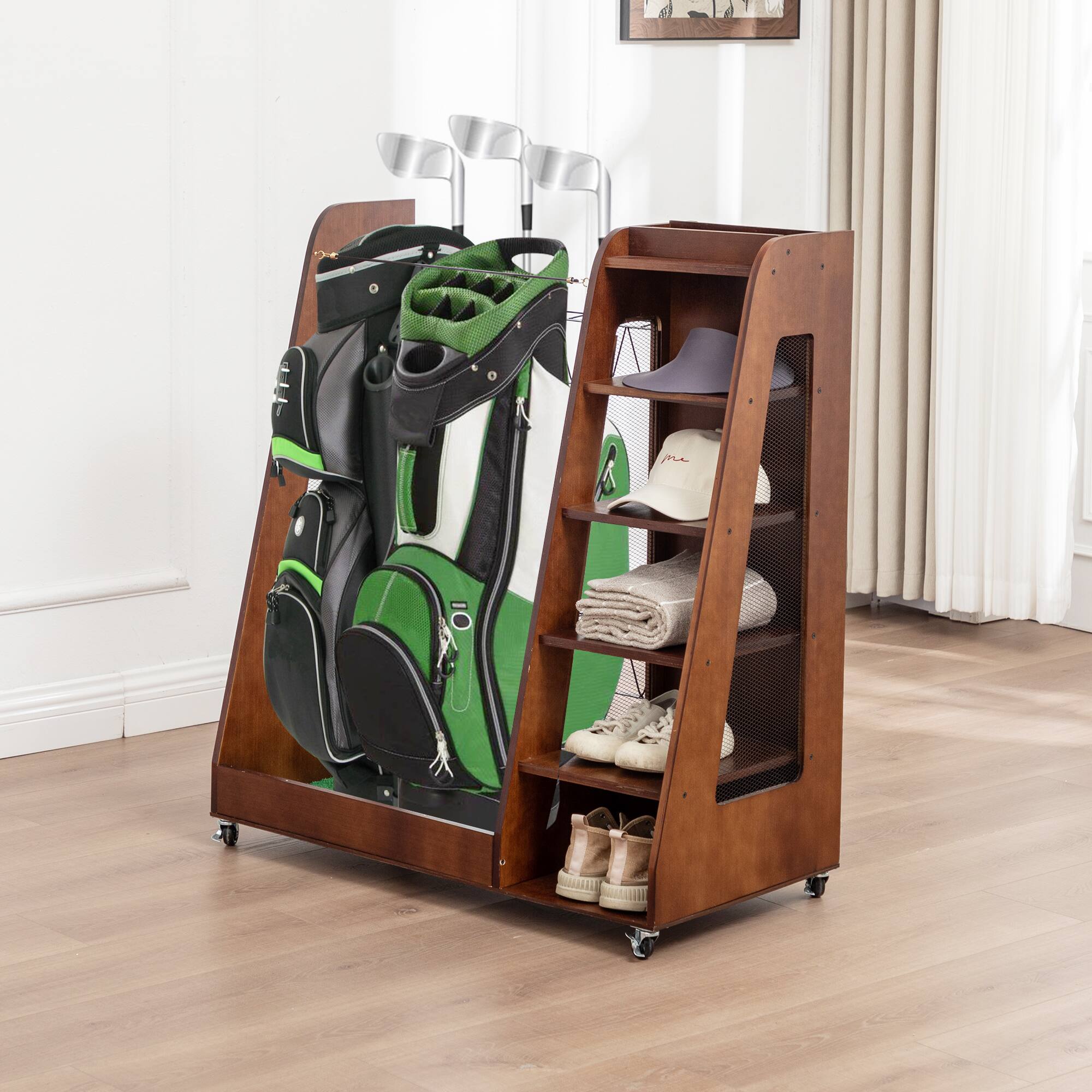 Alt View 5. ELEMENT ACE - Premium Wooden Golf Bag Rack - Holds 2 Bags & Gear​ - Brown.
