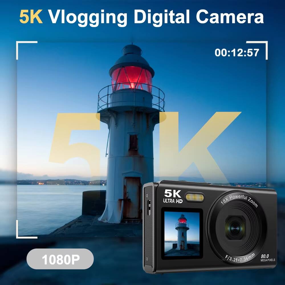 5K Vlogging Digital Camera  
00:12:57  
5K Powerful ULTRA HD  
18X Zoom  
1080P  
F/3.2 f=7.36mm  
36mm  
80.0 MEGAPIXELS