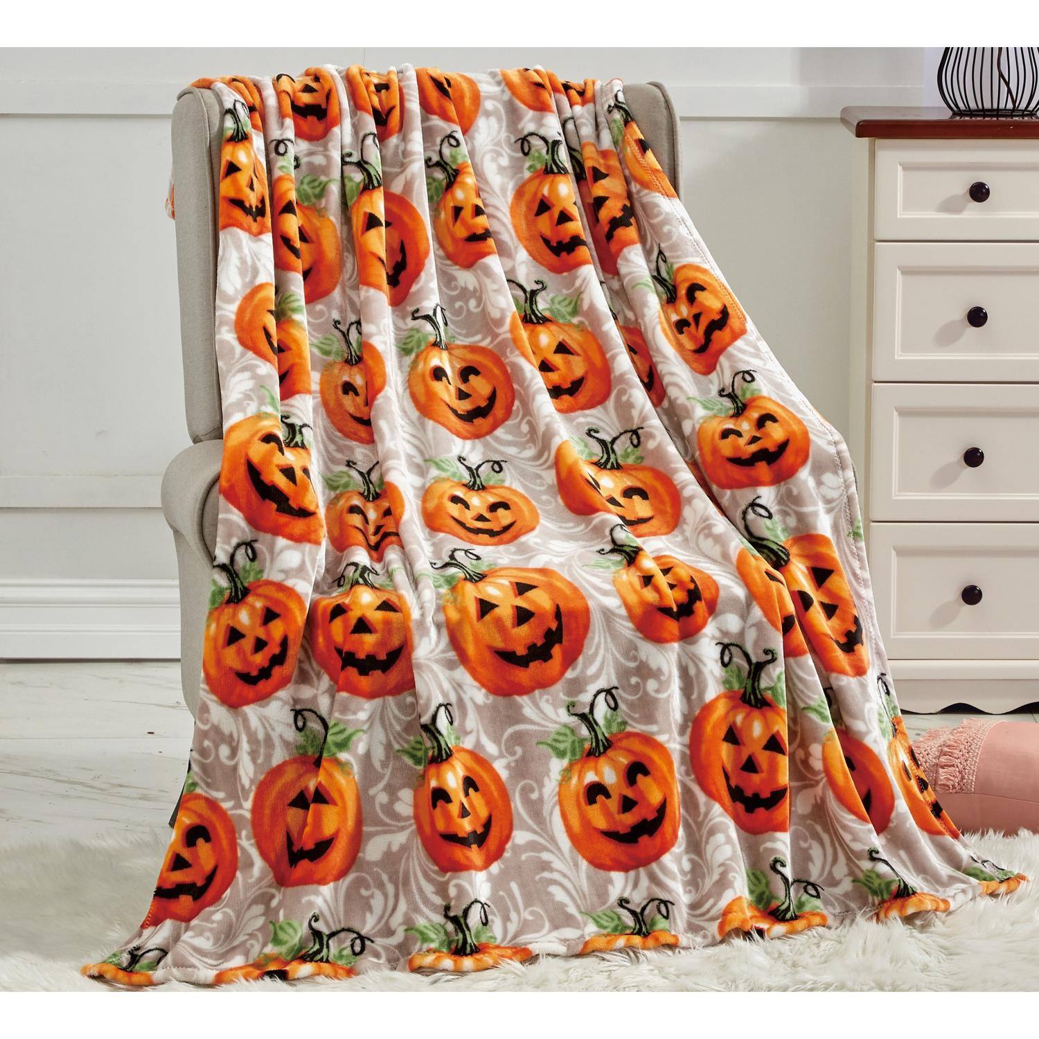 Alt View 1. Noble House - Plazatex Pumpkins All Season Plush Decorative Halloween Throw Blanket 50" x 60" Orange - Orange.