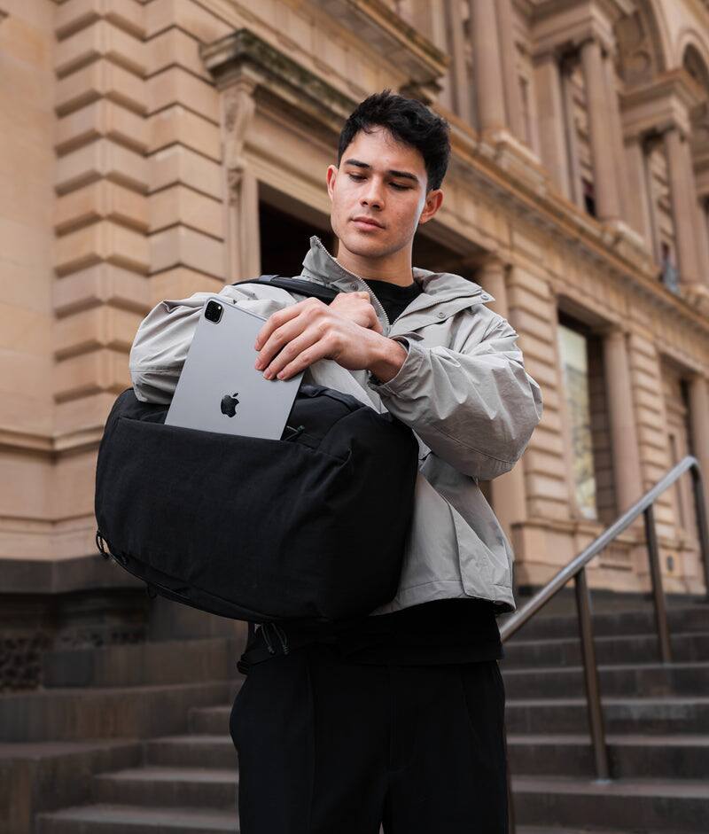 Alt View 6. ALPAKA - Traverse Backpack Laptop Backpack for Men, Backpack with Laptop Compartment (16"), Clamshell Travel Pack, Bottle Sleeve - Black Axoflux 400D Ripstop Nylon.