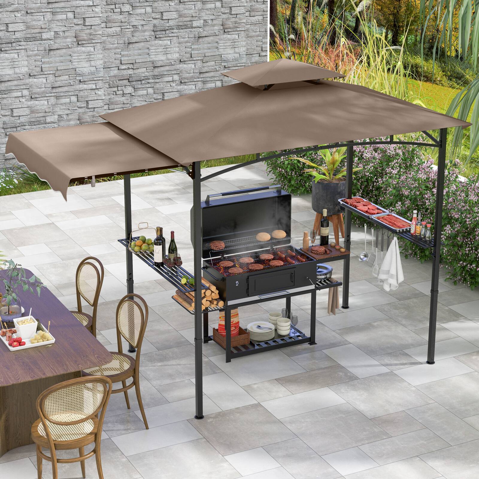 Alt View 1. Gymax - Gymax 11 x 5 FT Grill BBQ Gazebo w/ Side Awning Double-Tiered Top 2 Side Shelves Brown - Brown.