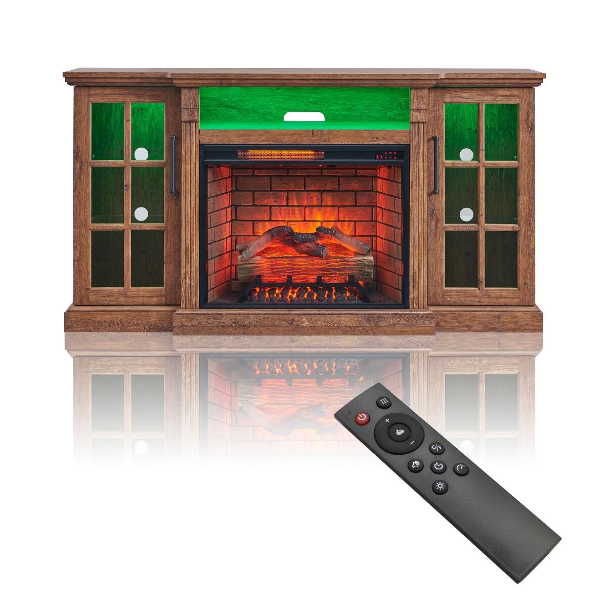 Left. Loheer - Loheer 65 inch fireplace tv stand for 75 inch tv with 28 inch electric fireplace and LED Light Antique Brown - Antique Brown.