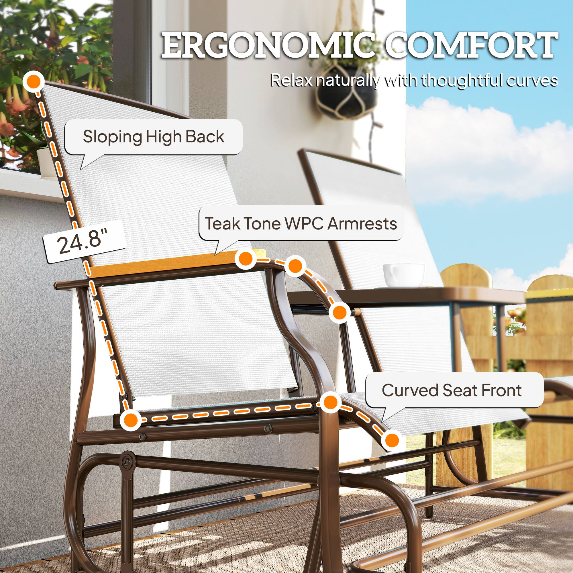ERGONOMIC COMFORT  
Relax naturally with thoughtful curves

- Sloping High Back
- Teak Tone WPC Armrests
- Curved Seat Front

24.8"
