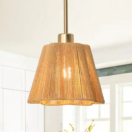 Front. Parrot Uncle - 7.3" Modern Gold Pendant Ceiling Light with Beige Paper Rope Shade - Gold.