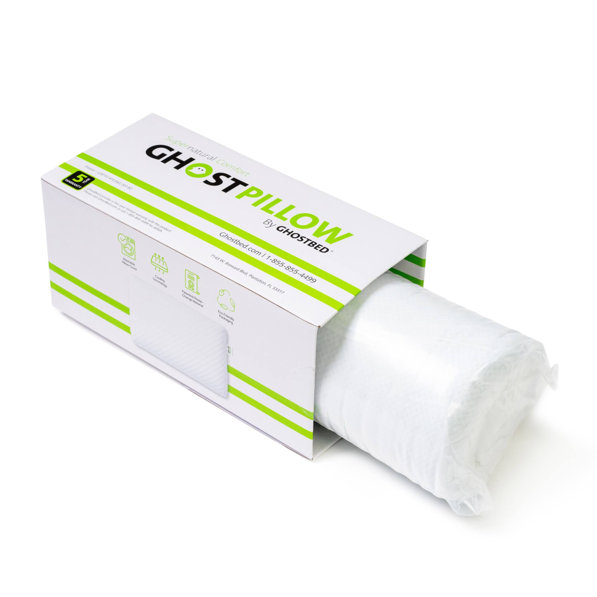 The image features a white box containing a white pillow and a white pillowcase. The box is labeled "GHOST PILLOW" and has a green stripe. The pillow and pillowcase are rolled up inside the box, ready for use. The box is placed on a white background, making the product stand out.