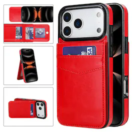 Dteck - for Apple iPhone 17 Pro Solid Color PU Leather Case,Credit Card Holder Wallet Cover Flip Stand,Shock Absorbent Cover - Red