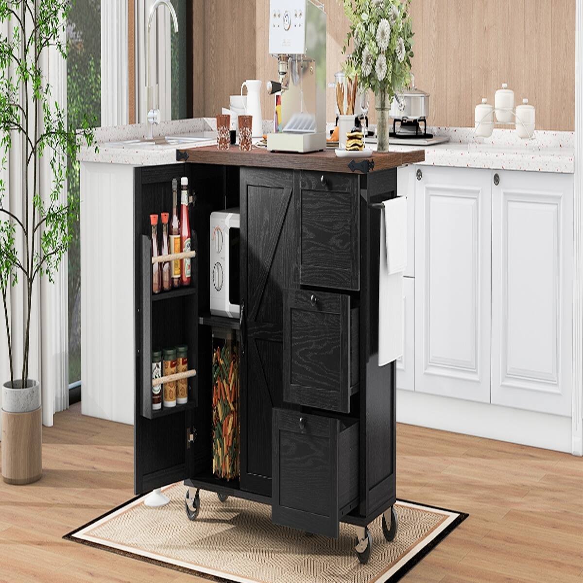 Angle. Loheer - Loheer 54.5" Farmhouse Kitchen Island with Power Outlet, Drop Leaf, Rolling Kitchen Cart on Wheels, Black - Black.