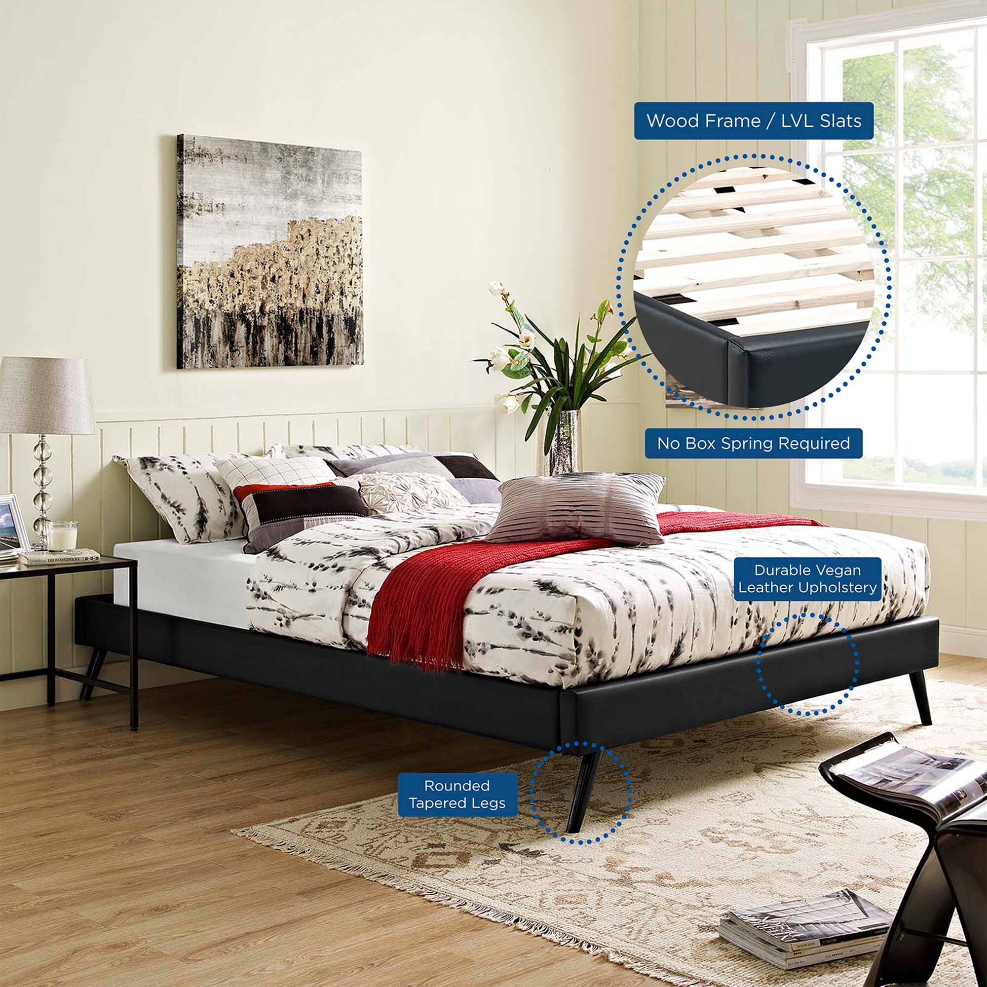- Wood Frame / LVL Slats
- No Box Spring Required
- Durable Vegan Leather Upholstery
- Rounded Tapered Legs
