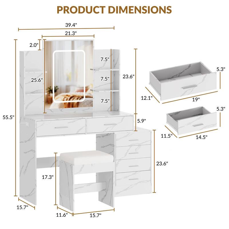 PRODUCT DIMENSIONS

- Overall: 39.4" W x 55.5" D x 21.3" H
- Desk: 25.6" W x 23.6" D x 7.5" H
- Drawer: 19" W x 12.1" D x 5.3" H
- Cabinet: 11.5" W x 14.5" D x 5.9" H
- Stool: 15.7" W x 11.6" D x 17.3" H
- Thickness: 2.0"