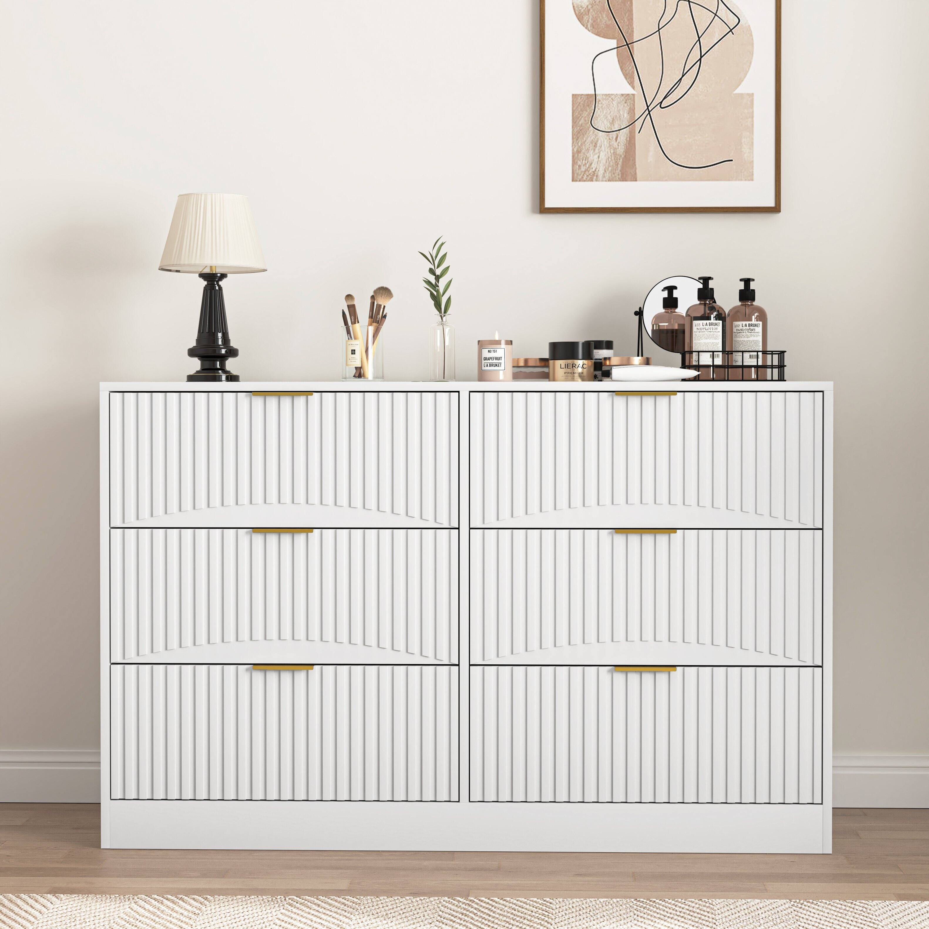 Front. TinyHomie - White Modern 6 Drawer Dresser Wavy Panel Bedroom Entryway - White.