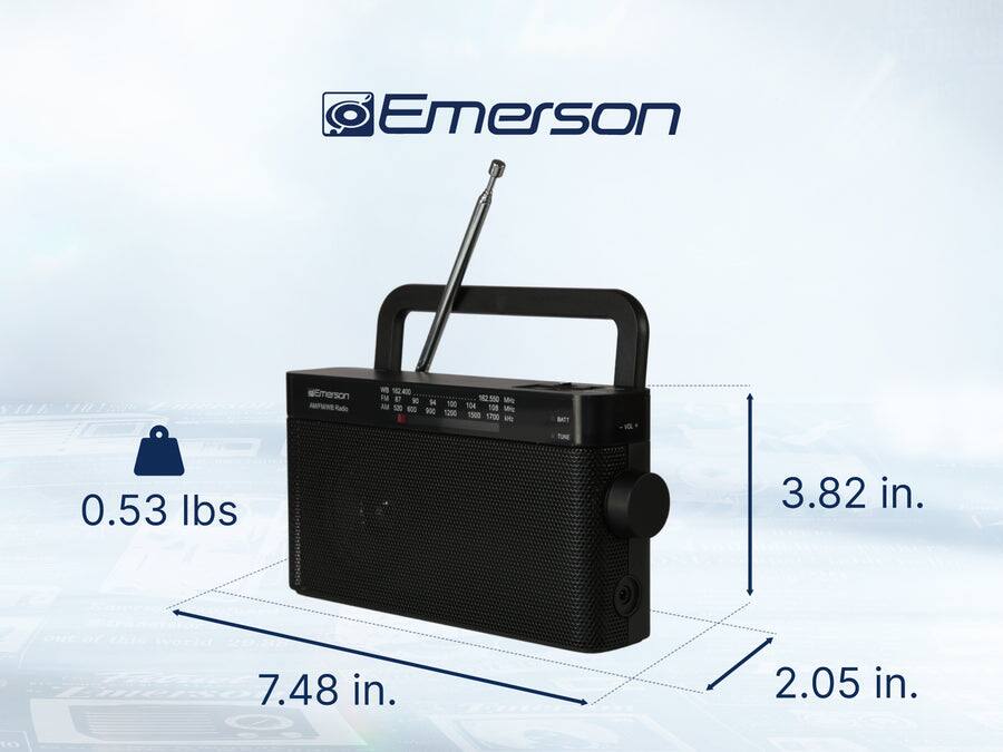 Emerson @Emerson  
12.400 IM 87 AM 52 800 14 IOC 100 1200 2.550 Me 104 0e Me 1500 700 iH BATT TINE VIL  
0.53 lbs  
3.82 in.  
7.48 in.  
2.05 in.