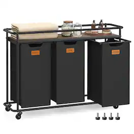 Songmics Home - Laundry Sorter, Laundry Hamper with Wheels, 39.6 Gal. (150 L) Portable Rolling Cart Baskets with Shelf - Ink Black and Chestnut