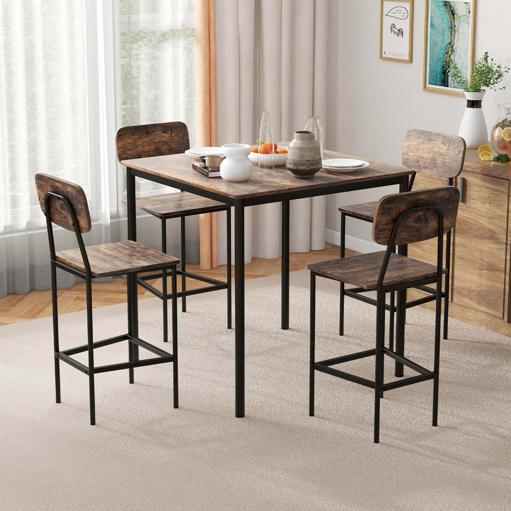 Angle. Costway - 5-Piece Industrial Dining Table Set with Counter Height Table & 4 Bar Stools Black - Black.