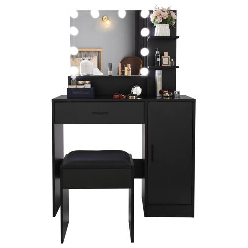 Alt View 1. Winado - 53" Makeup Vanity Table Desk Set with 10 LED Bulbs Lighted Mirror, Storage Dresser Stool, Open Shelves Dresser Desk - Black.