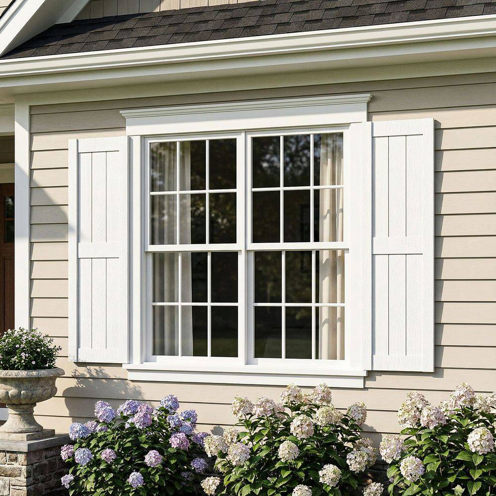 Angle. Kadyn - Vertical Grain Faux Shutters, Weather-Resistant Elegance, for Enhanced Curb Appeal, 14"x43", White - White.