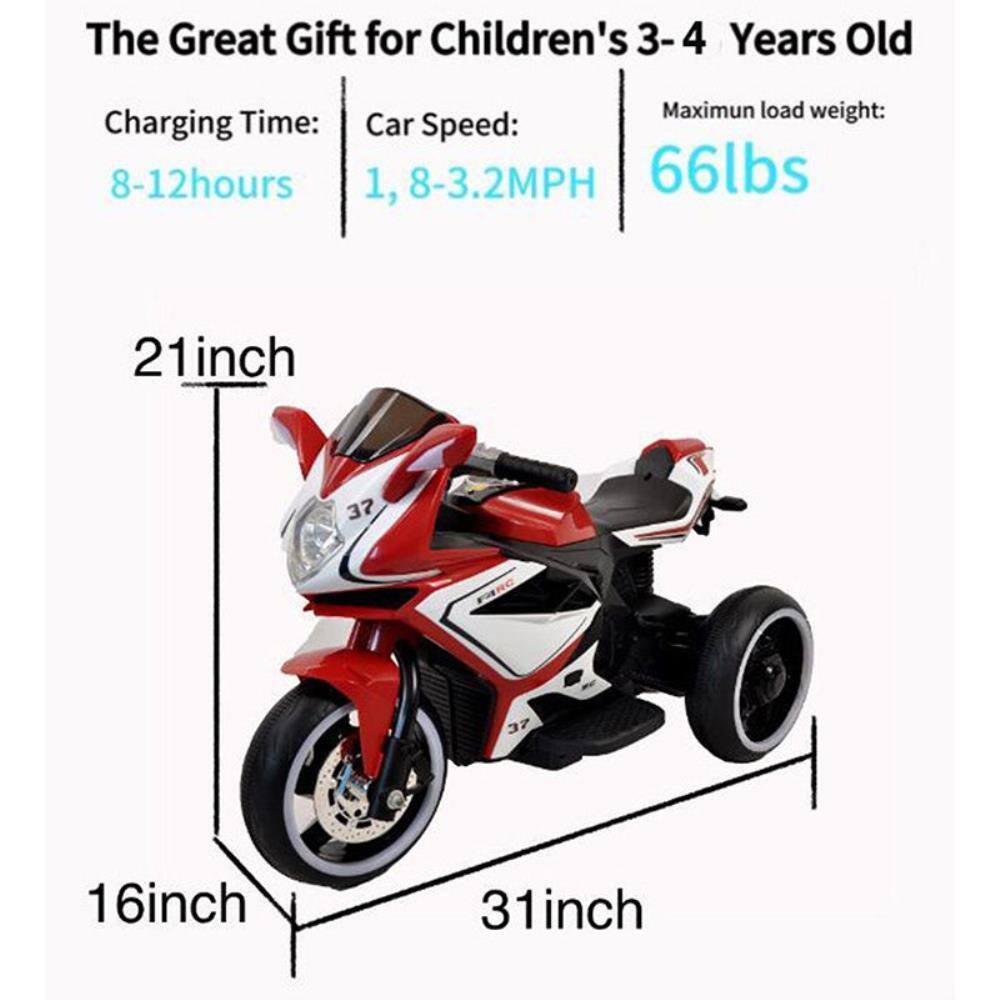 The Great Gift for Children's 3-4 Years Old

Charging Time: 8-12 hours

Car Speed: 1, 8-3.2 MPH

Maximum load weight: 66 lbs

Dimensions:
- 21 inch (height)
- 16 inch (width)
- 31 inch (length)