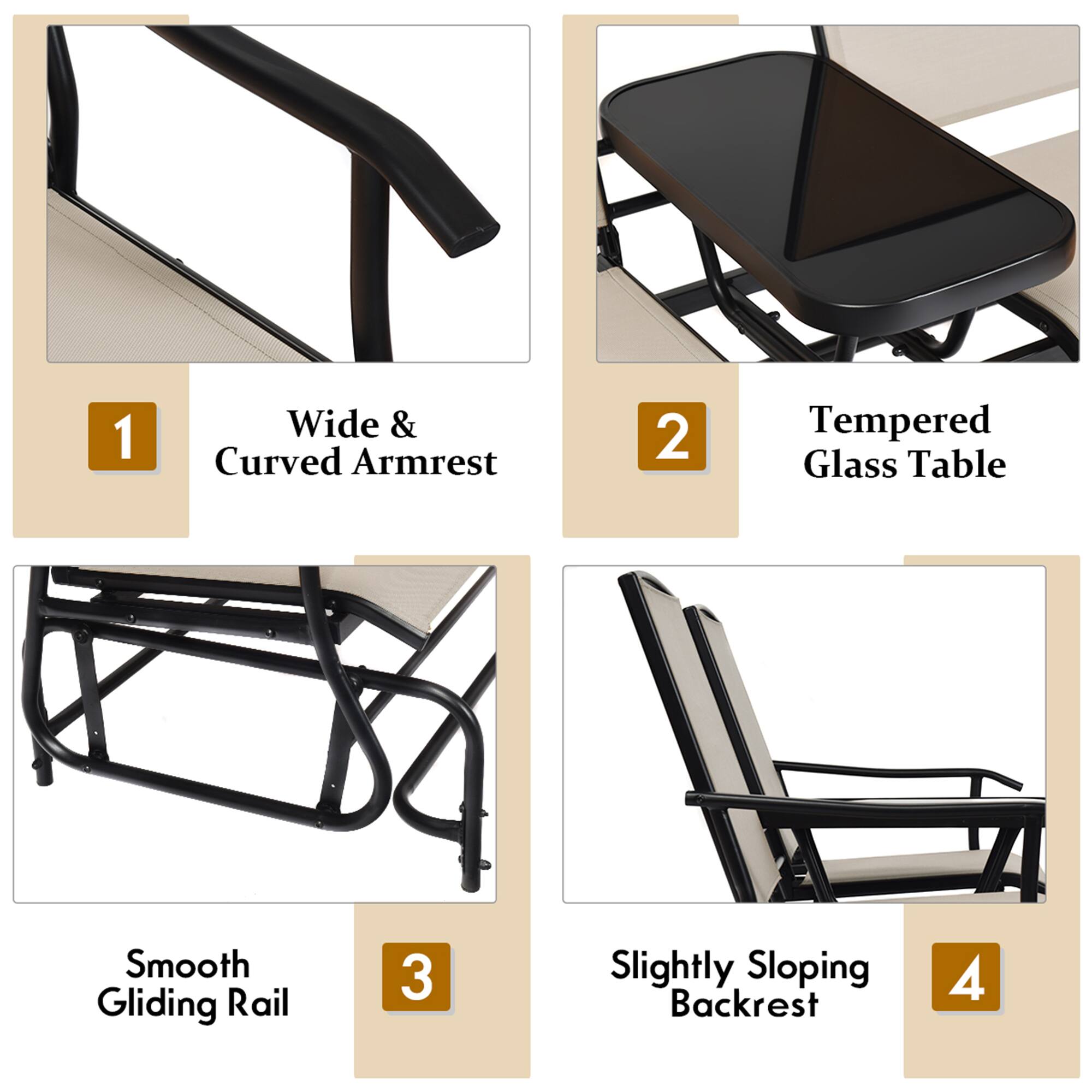 1. Wide & Curved Armrest  
2. Tempered Glass Table  
3. Smooth Gliding Rail  
4. Slightly Sloping Backrest