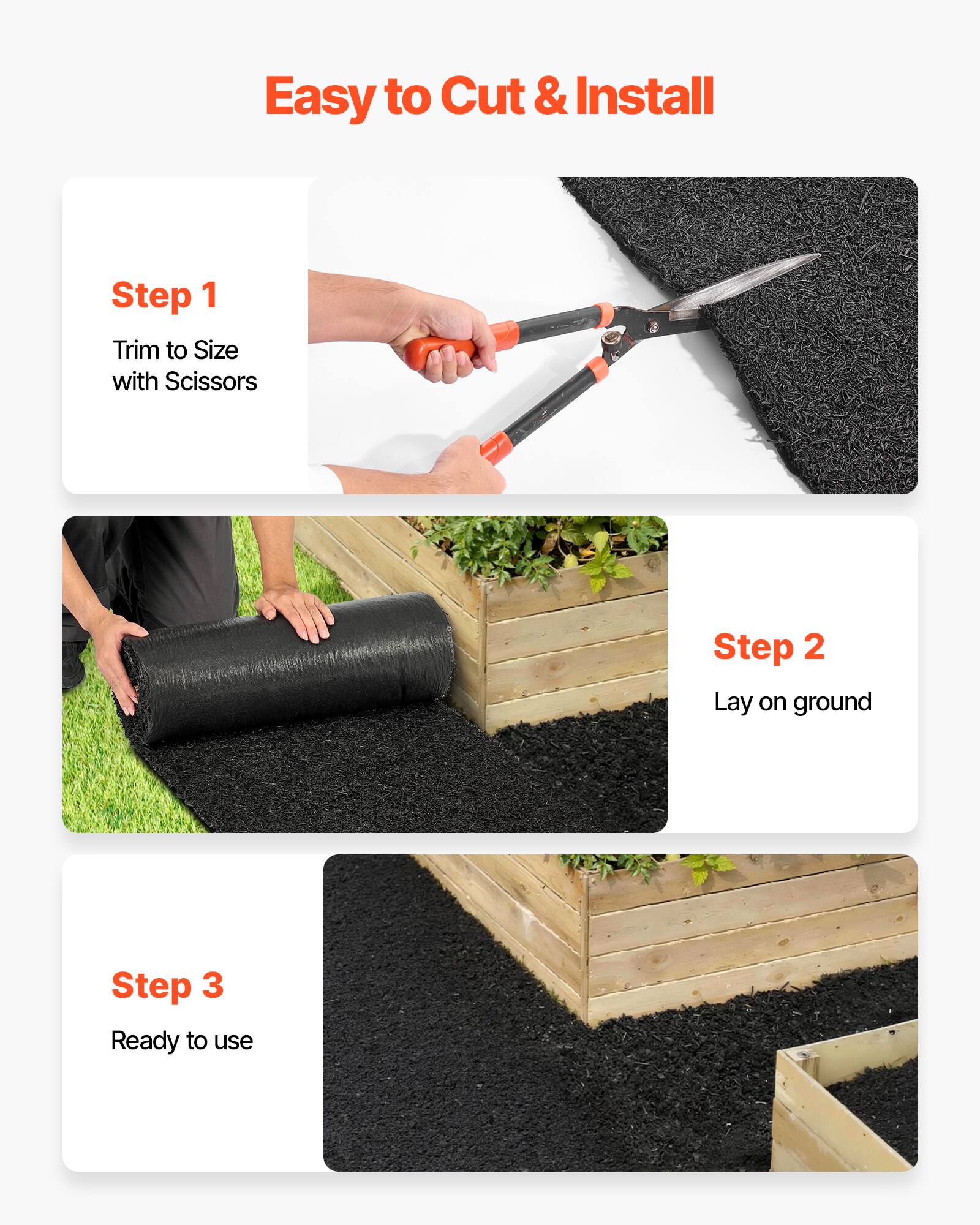Easy to Cut & Install

Step 1  
Trim to Size with Scissors

Step 2  
Lay on ground

Step 3  
Ready to use