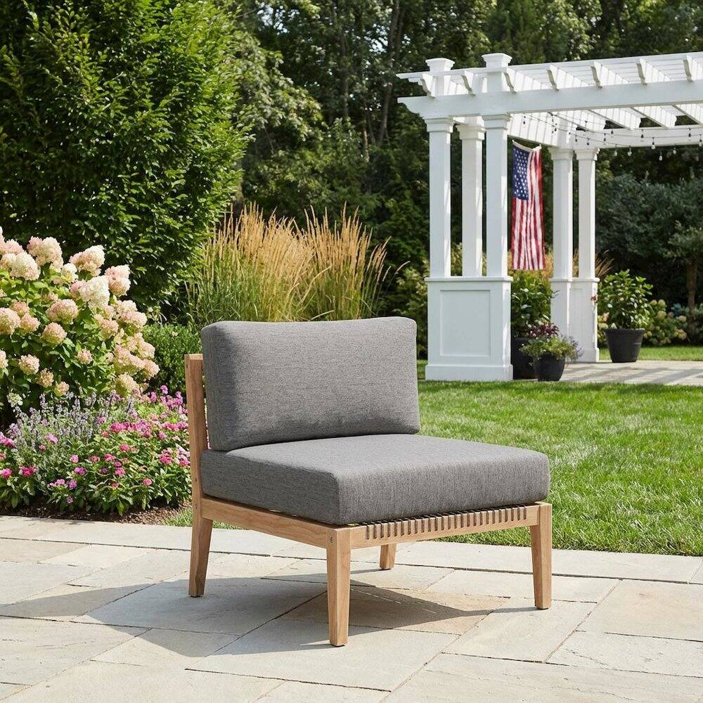 Left. Outdoor Escape - Teak Wood Outdoor Lounge Chair With Armless Design And Comfortable Cushions - Gray.