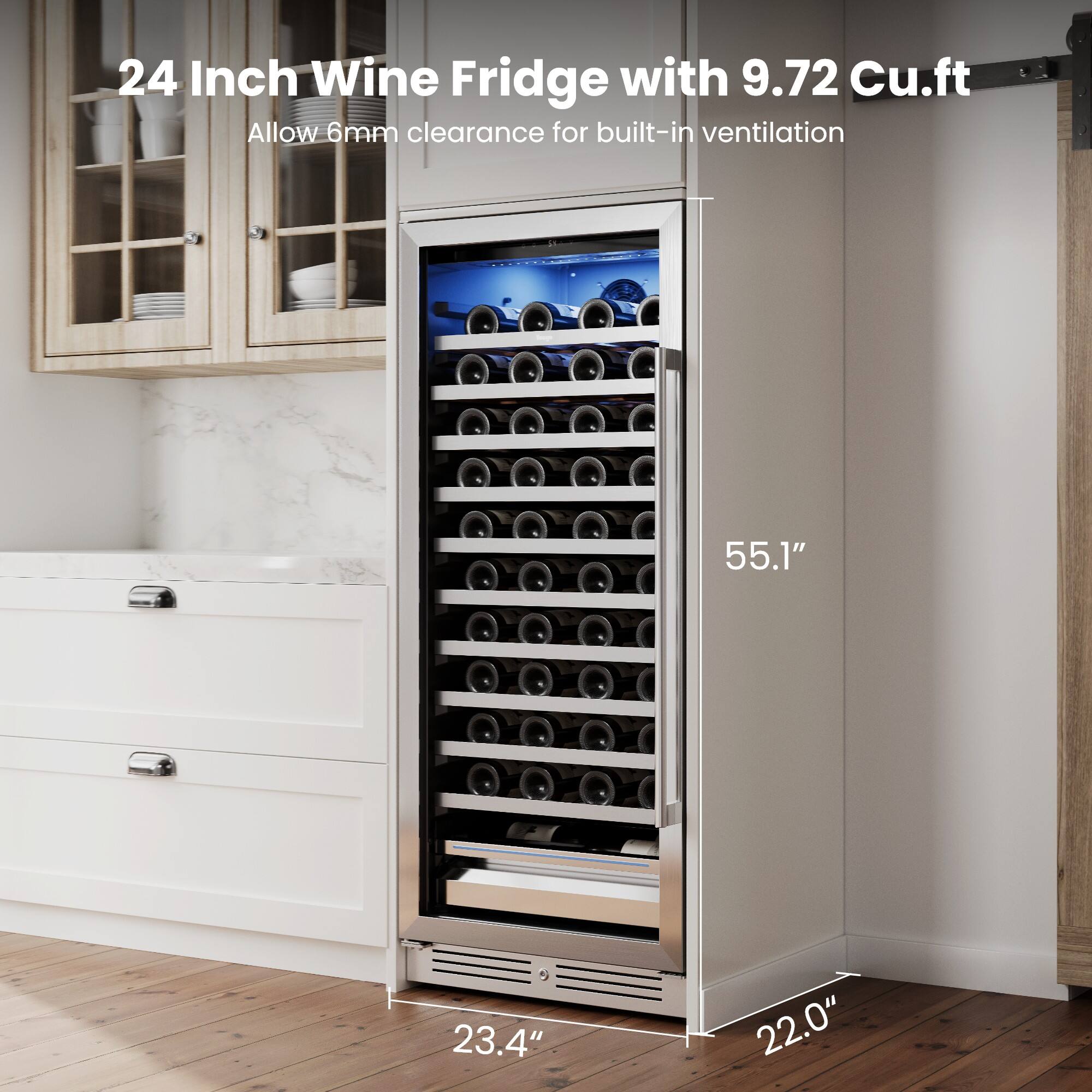 24 Inch Wine Fridge with 9.72 Cu.ft  
Allow 6mm clearance for built-in ventilation  

55.1"  
23.4"  
22.0"