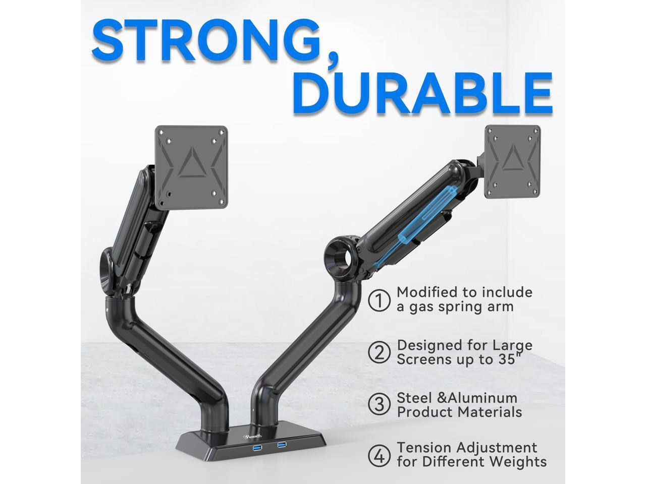 STRONG, DURABLE

1. Modified to include a gas spring arm
2. Designed for Large Screens up to 35"
3. Steel & Aluminum Product Materials
4. Tension Adjustment for Different Weights