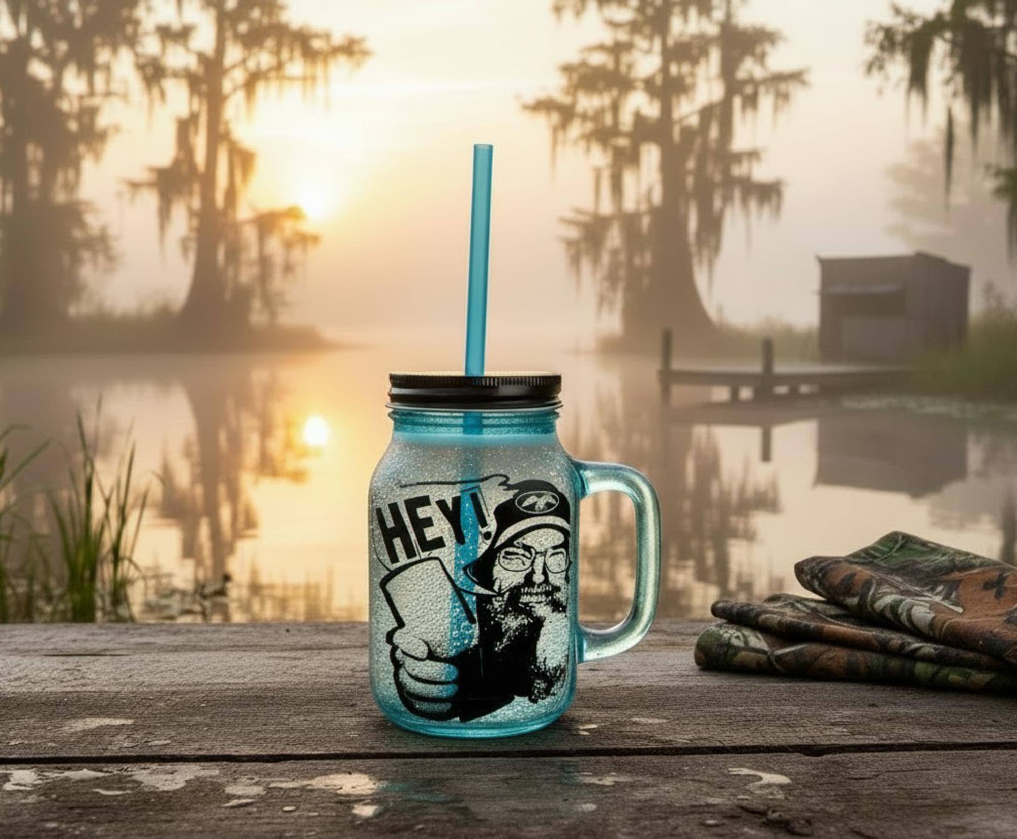 Alt View 4. Just Funky - Duck Commander Si Hey 16oz Blue Mason Jar Mug w/ Straw - Blue.