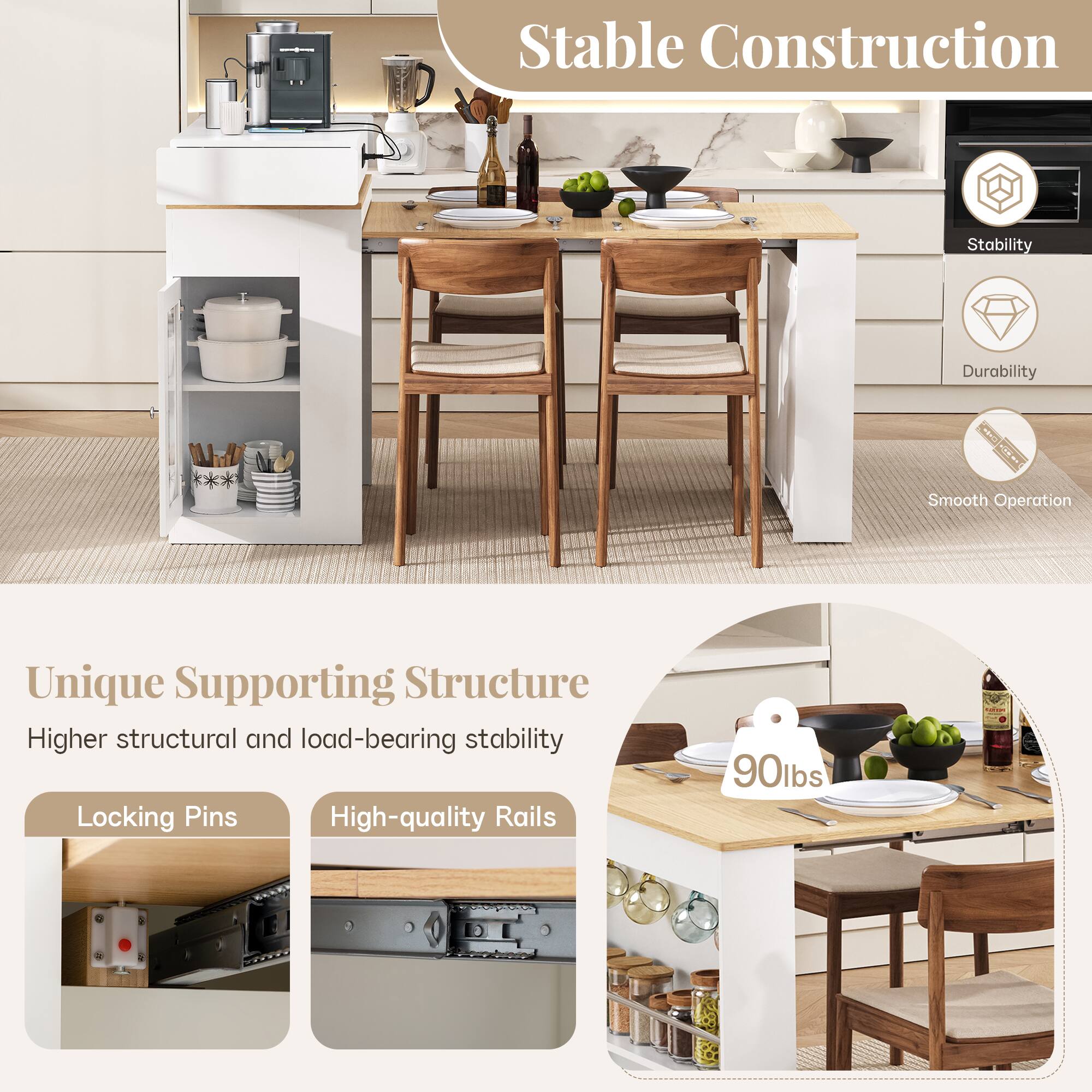 Stable Construction  
Stability  
Durability  
Smooth Operation  
Unique Supporting Structure  
Higher structural and load-bearing stability  
Locking Pins  
High-quality Rails  
90lbs