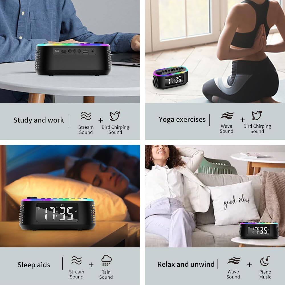 17:35 Study and work  
Stream Sound + Bird Chirping Sound

17:35 Yoga exercises  
Wave Sound + Bird Chirping Sound

17:35 Sleep aids  
Stream Sound + Rain Sound

17:35 Relax and unwind  
Wave Sound + Piano Music