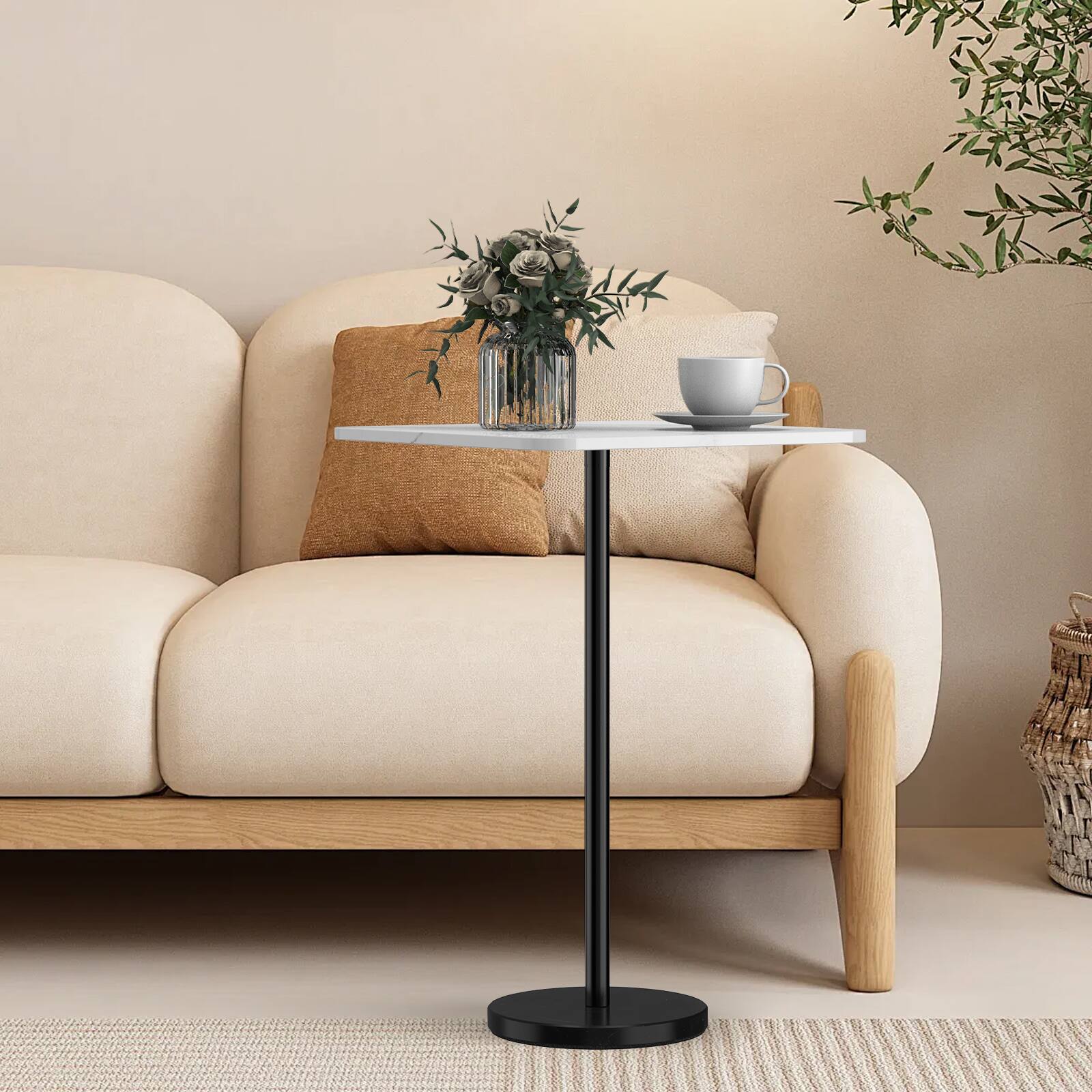 Angle. Oumilen - White Wood-Top Side Table with Marble Base - White.