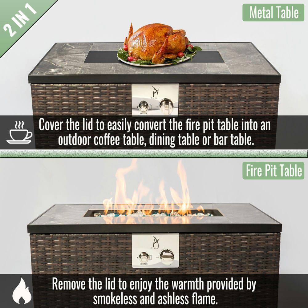2 IN 1 Metal Table

Cover the lid to easily convert the fire pit table into an outdoor coffee table, dining table, or bar table.

Fire Pit Table

Remove the lid to enjoy the warmth provided by smokeless and ashless flame.
