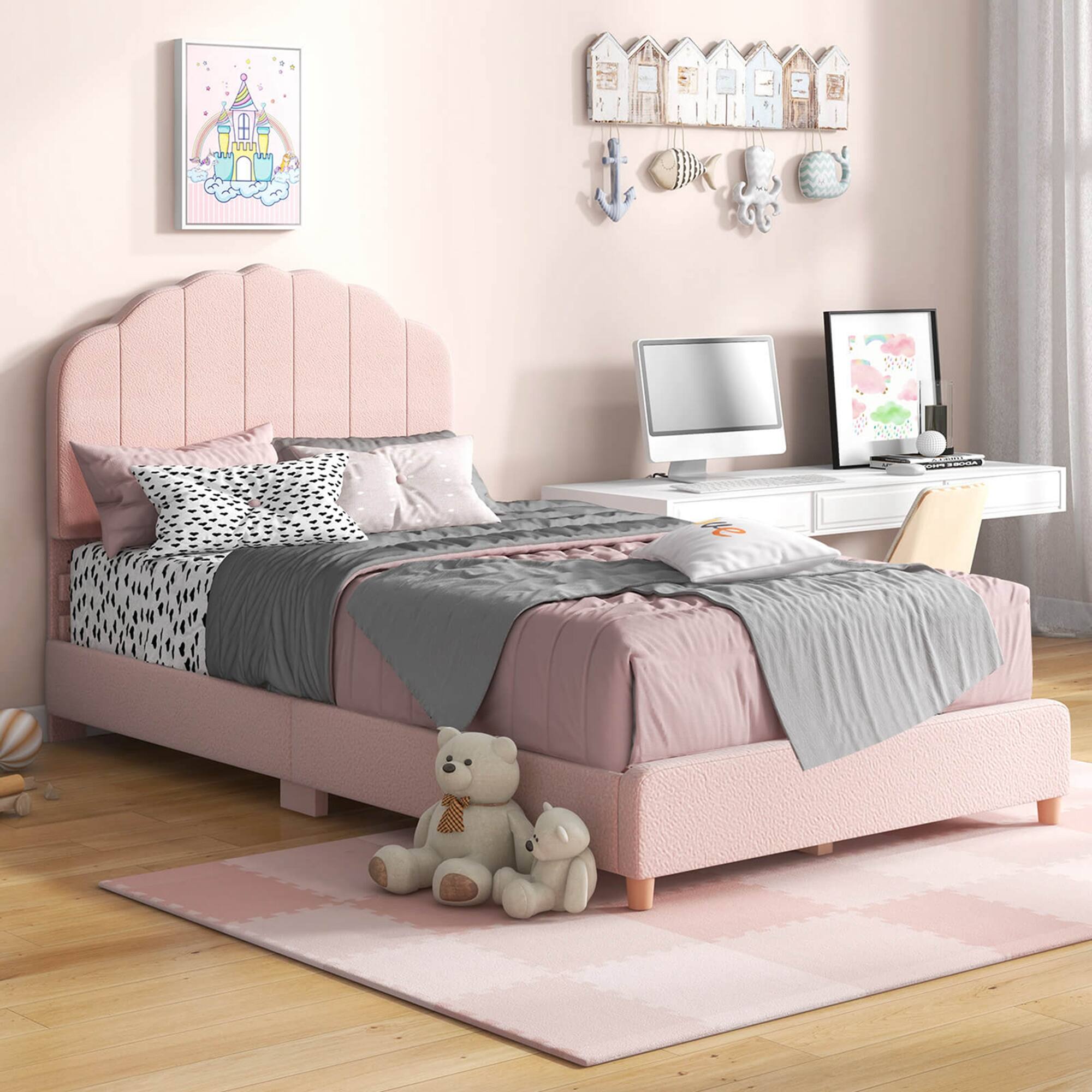 Alt View 1. Costway - Costway Kids Twin Platform Bed Frame Upholstered Twin Size Bed with Wooden Slats Support - Pink.