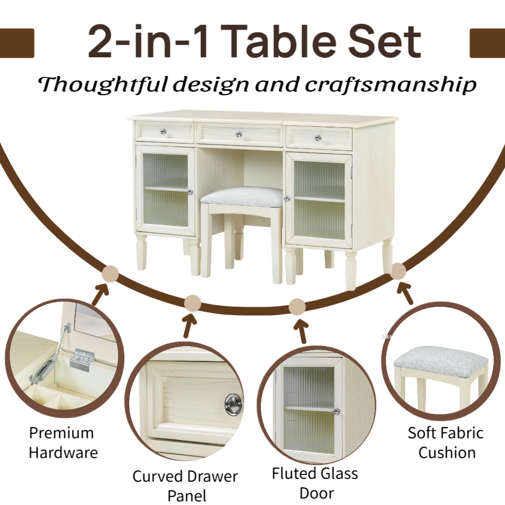 2-in-1 Table Set

Thoughtful design and craftsmanship

- Premium Hardware
- Curved Drawer Panel
- Fluted Glass Door
- Soft Fabric Cushion