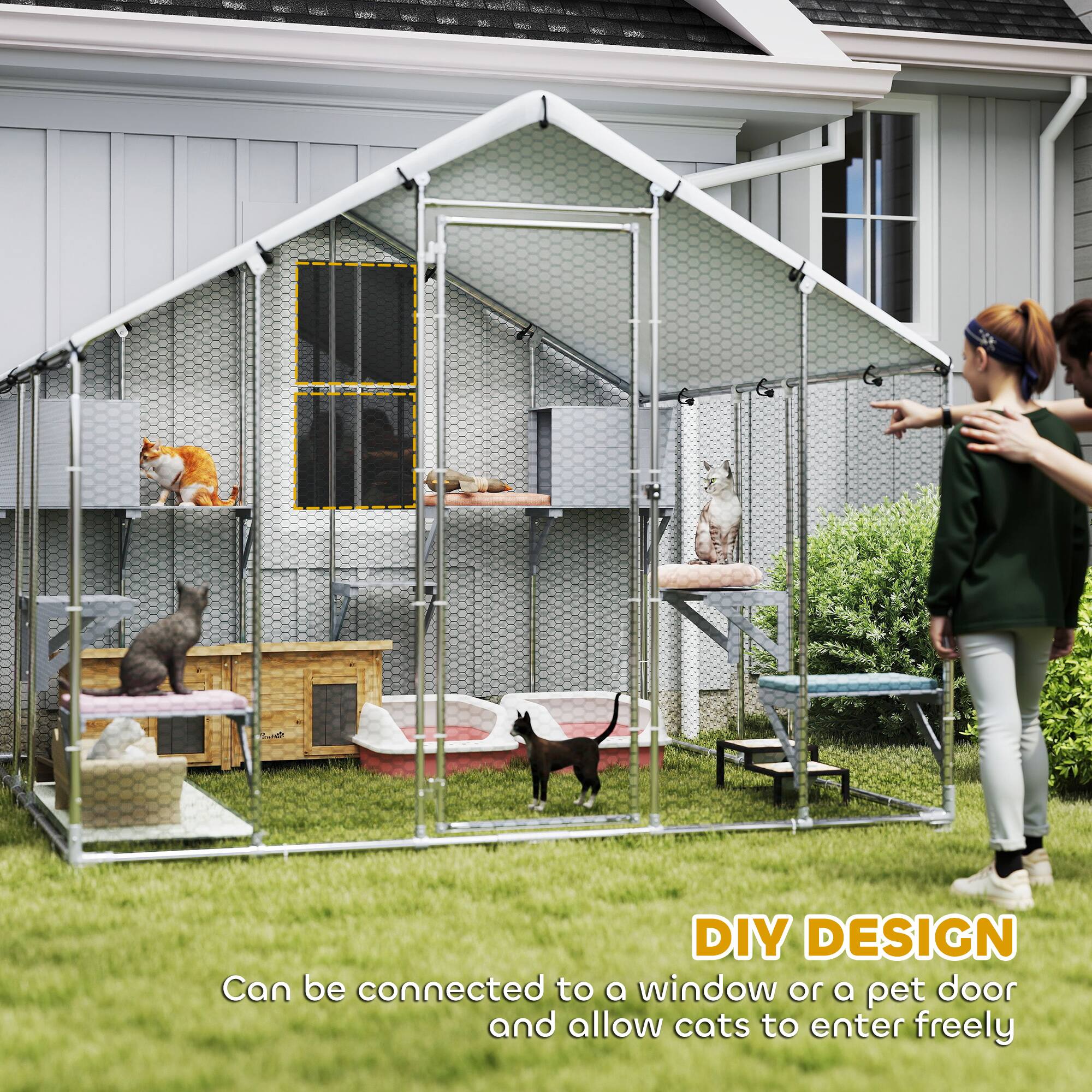 DIY DESIGN  
Can be connected to a window or a pet door and allow cats to enter freely