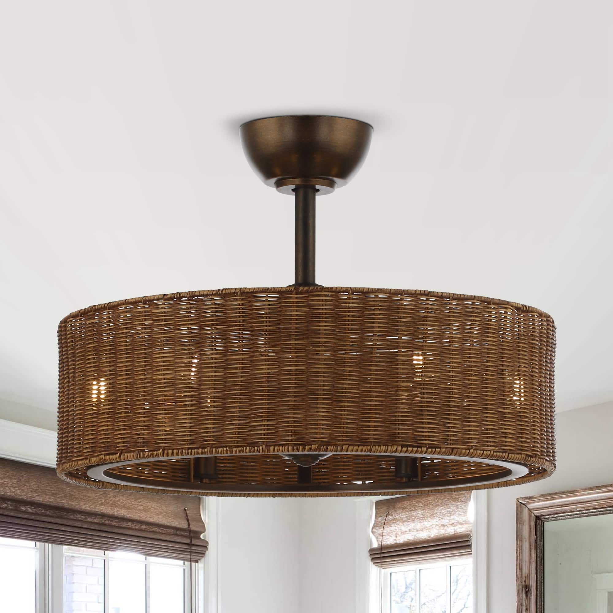 Front. Parrot Uncle - 24" Farmhouse Brown Drum Downrod Ceiling Fan with Remote Control and DC Motor - Bronze.