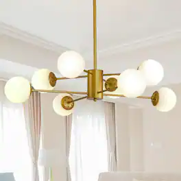 Loheer - 35 Inch Gold Chandelier, Eight Light Mid Century Branching Ceiling Fixture with White Glass Globe Shades