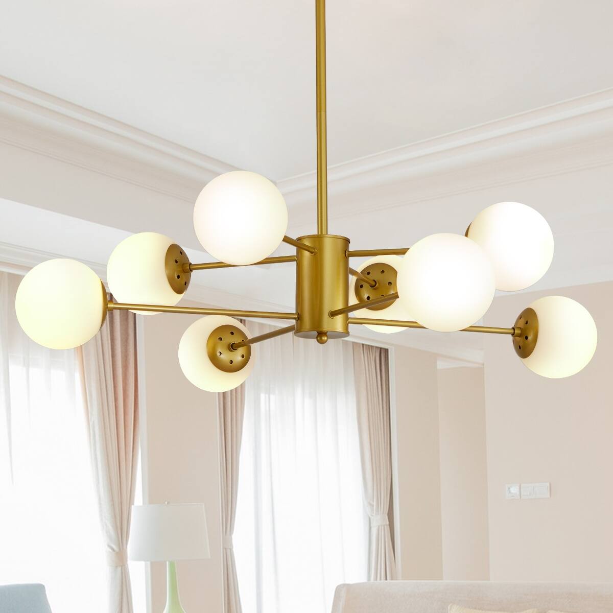 Front. Loheer - Loheer 35 Inch Gold Chandelier, Eight Light Mid Century Branching Ceiling Fixture with White Glass Globe Shades.