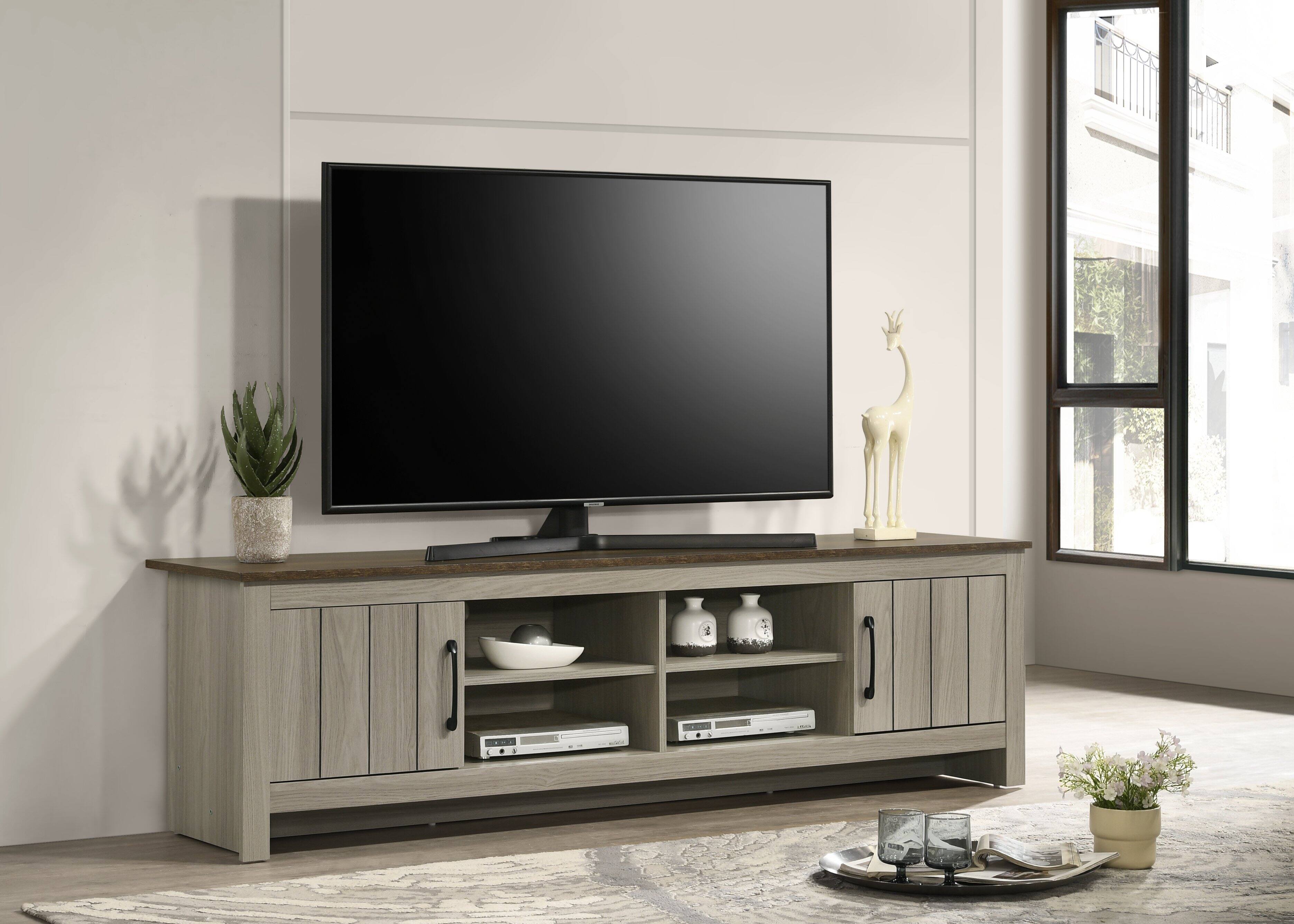 APRILSOUL - 68.5 Inch W Oak TV Stand with Shelves and Cabinet Doors - Gray