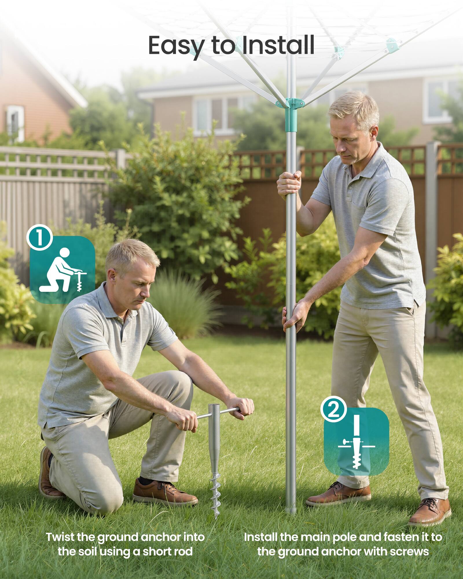 Easy to Install

1. Twist the ground anchor into the soil using a short rod
2. Install the main pole and fasten it to the ground anchor with screws