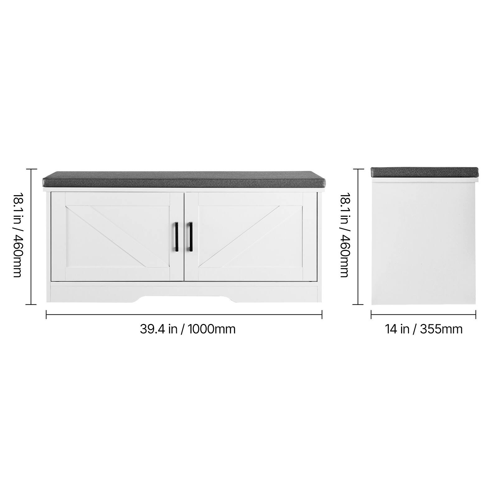 18.1 in / 460mm  
39.4 in / 1000mm  
14 in / 355mm