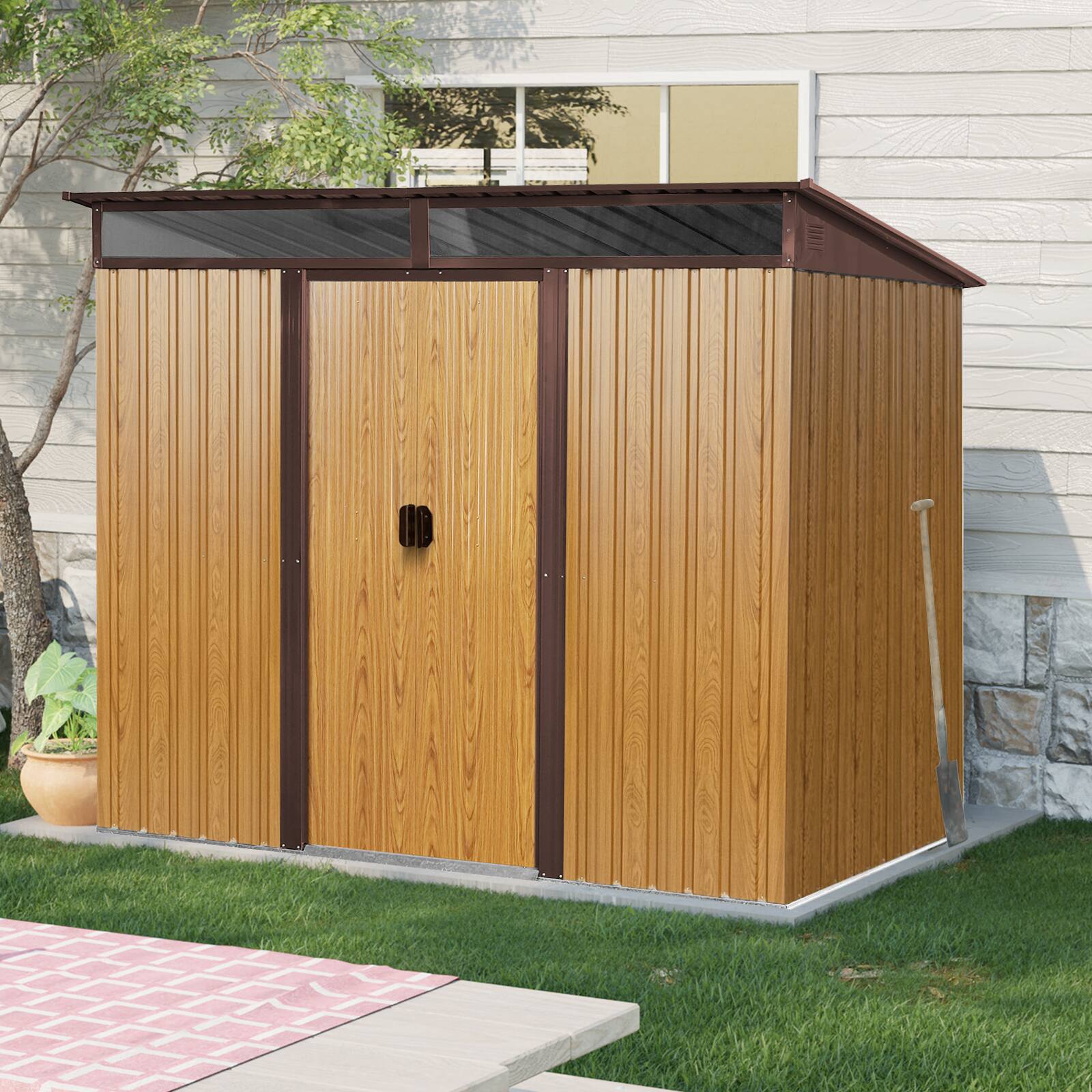 Angle. Mondawe - 8ft x 6ft Outdoor Metal Storage with Lockable Sliding Doors - Coffee.