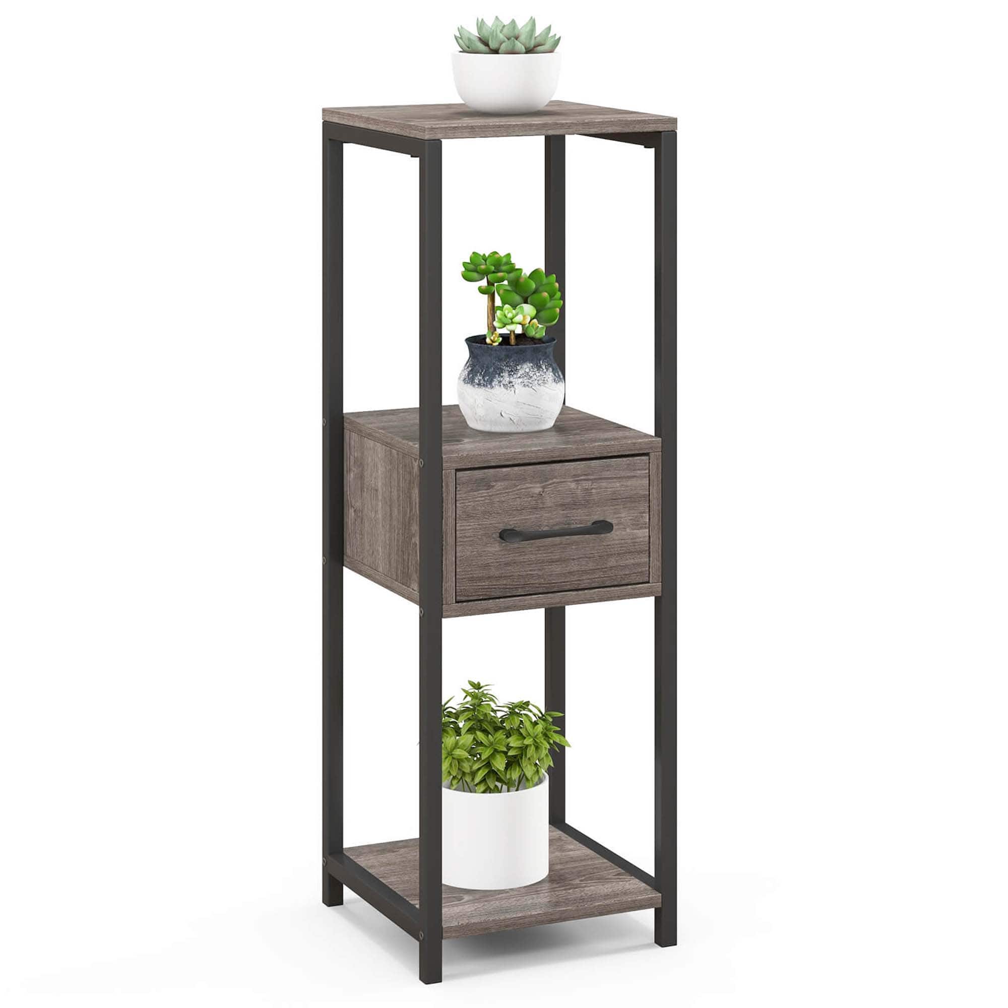 Costway - 1 Pack 3 Tier Tall Metal Plant Stand Indoor Plant Table with Drawer Anti-tipping Devices - Gray